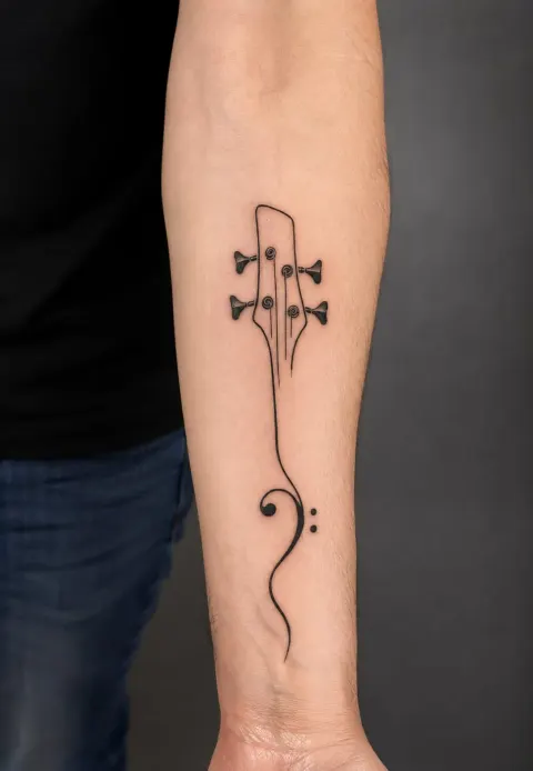 Bass guitar neck and bass clef tattoo on the forearm, by Chad Solomon