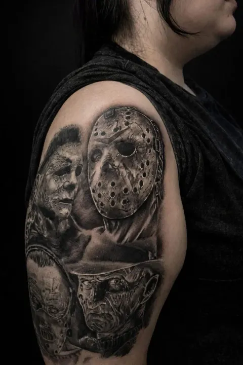 Horror film portrait collage tattoo on the upper arm and shoulder, by Chad Solomon