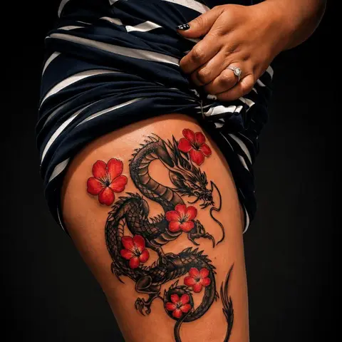 Japanese-style dragon with red flowers tattoo on the thigh, by Chad Solomon