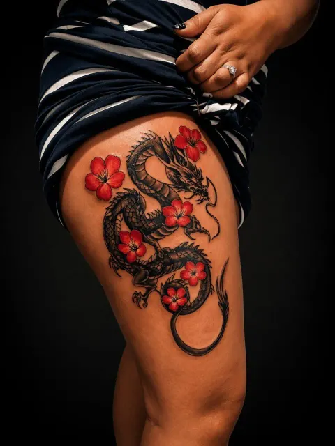 Japanese-style dragon with red flowers tattoo on the thigh, by Chad Solomon