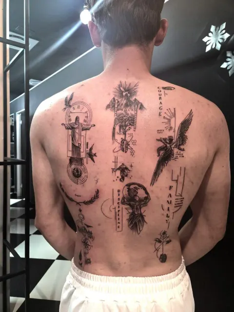 Patchwork back with Christ the Redeemer, an eagle, a planet and script, by Chad Solomon
