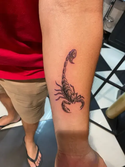 Scorpion tattoo on the forearm, by Chad Solomon