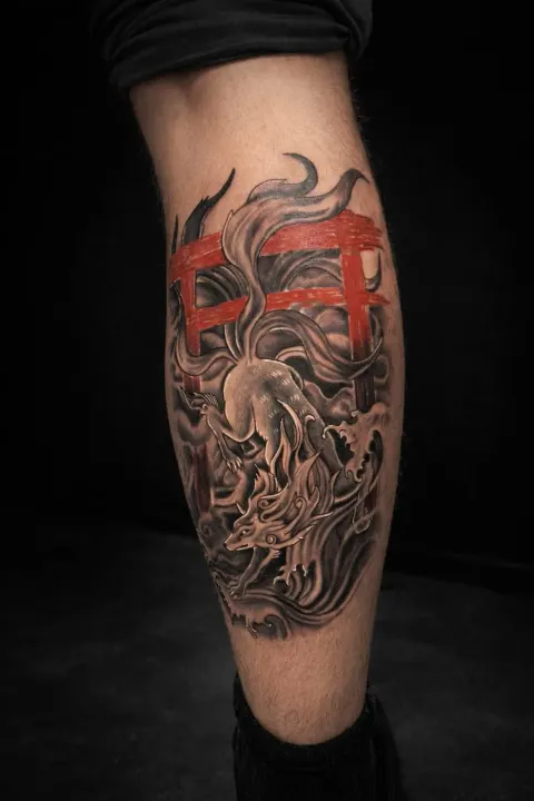 Red torii gate with smoke and a koi, calf tattoo, by Chad Solomon