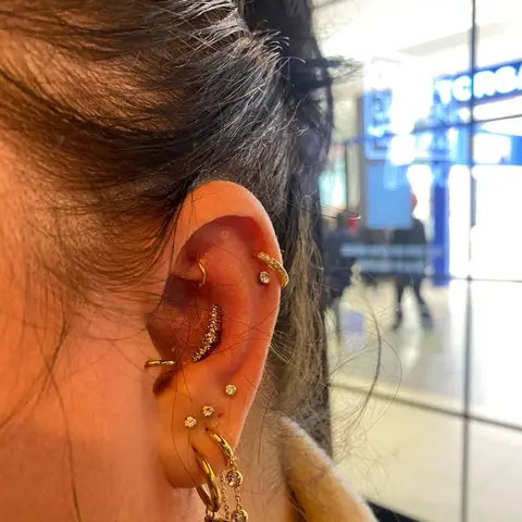 Curated ear with gold helix, conch and stacked lobe jewellery, by Chandre Louw
