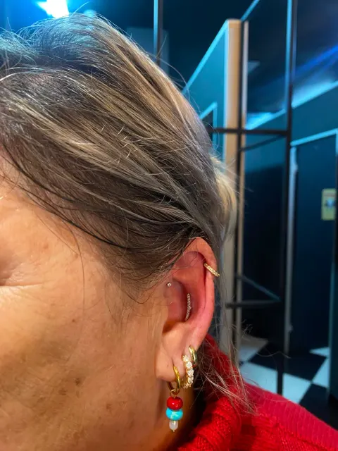 Helix and colourful lobe jewellery, by Chandre Louw