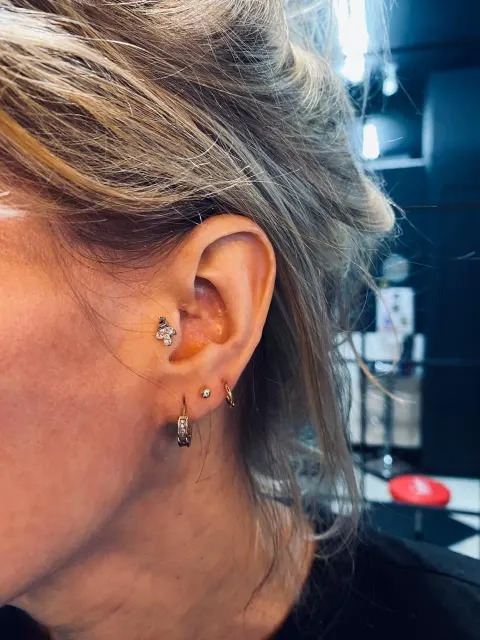 Tragus cluster stud with lobe piercings, by Chandre Louw