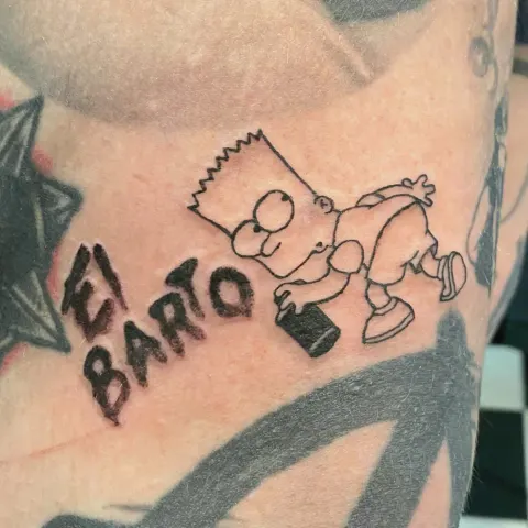 Bart Simpson with El Barto lettering tattoo, by Kayla Grimwood