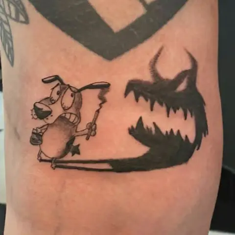 Courage the Cowardly Dog with a monster shadow tattoo, by Kayla Grimwood