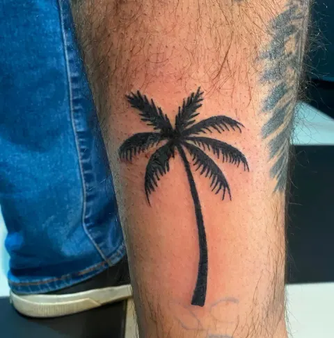 Palm tree silhouette tattoo on the calf, by Kayla Grimwood