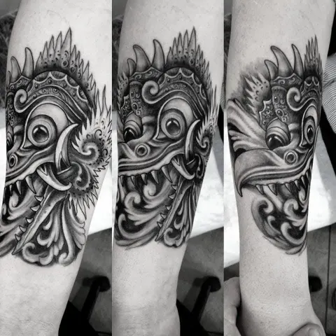 Balinese Barong mask tattoo on the forearm, three angles, by Rob Turner