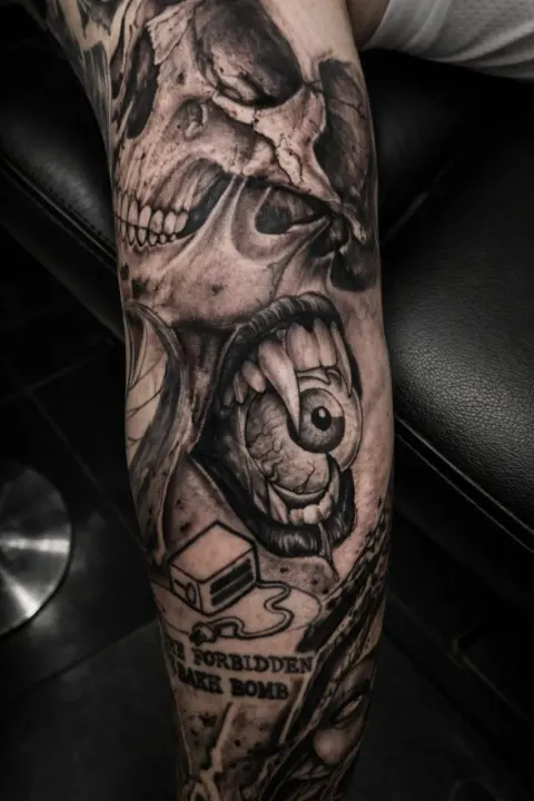 Skull and eye sleeve detail tattoo on the forearm, by Rob Turner