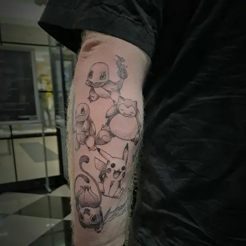 Pokémon forearm sleeve tattoo on the forearm, by Tayla Symons